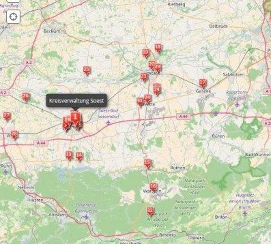 Screenshot aus der Storymap mit den Gebäuden der Kreisverwaltung. Foto: Elmar Deller/Kreis Soest