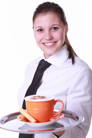 Junge Kellnerin mit einem Cafe auf einem Tablet. Foto: © Spofi - Fotolia.com