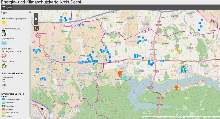 Ausschnitt aus der Energie- und Klimaschutzkarte des Kreises Soest. Screenshot: Kreis Soest