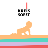 Icon zur App "Elternstart". Ein Baby krabbelt über den Boden. Darüber das Kreis-Soest-Logo