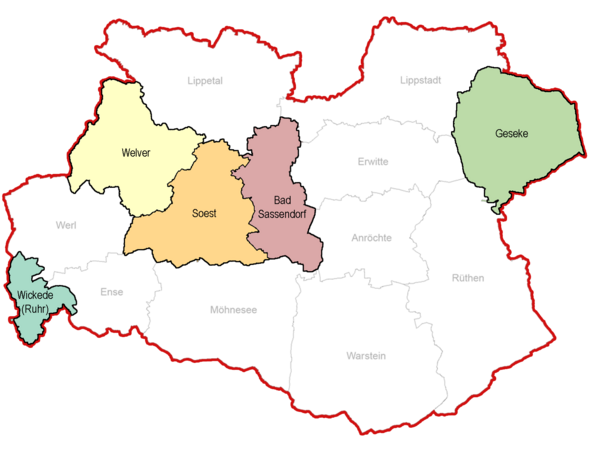 Projektgebiet mit den Kommunen Bad Sassendorf, Geseke, Soest, Welver und Wickede (Ruhr).